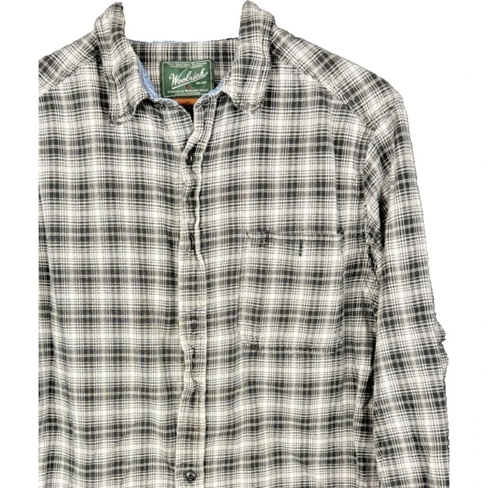 Woolrich Flannel Shirt Plaid Lightweight Cotton Button Up Black White Men Large